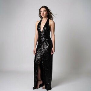 New ! JAYGODFREY 123609 Black Sequins V-neck Front Slit Gown Sz 2 MSRP $350
